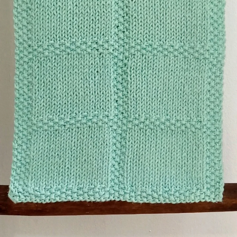 Handmade Handknit Aqua Blue Textured Windowpane Pattern Cotton Hand Towel